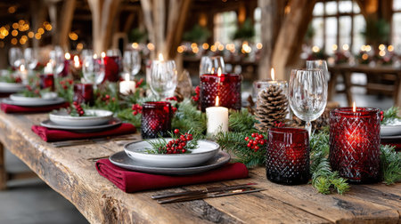 Rustic Christmas dinner table setting with red candles and festive decorations.