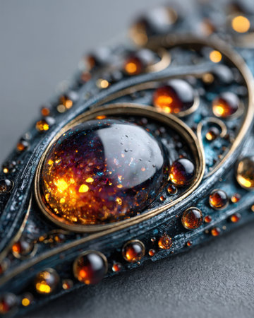 Exquisite macro shot of vintage amber gemstone jewelry with intricate detailing.の写真素材