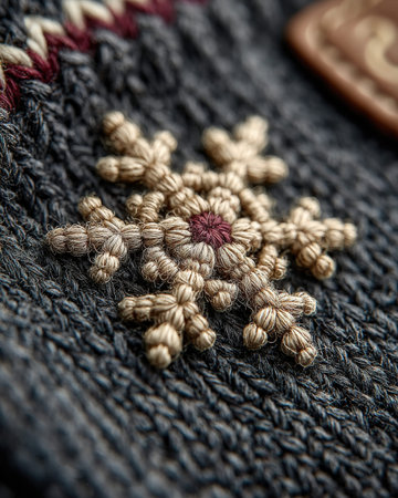 Close-up of a knitted snowflake design on a cozy fabric surface with intricate details.
