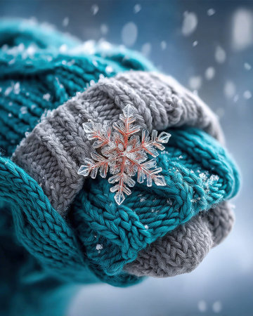 Delicate snowflake resting on cozy knit fabric in winter atmosphere.