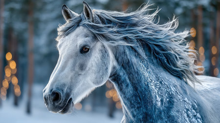 Majestic horse with flowing mane in a snowy winter landscape.の写真素材