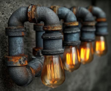 Industrial style vintage Edison bulbs with metal pipe fixture on concrete wall.の写真素材