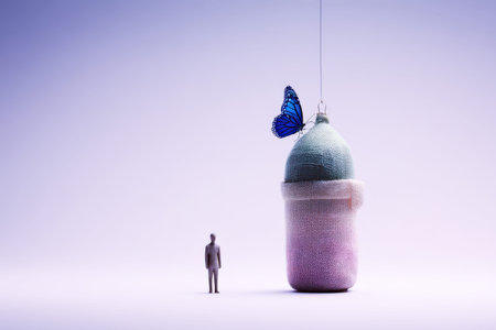 miniature figure observing large cocoon with butterfly and pastel tones.