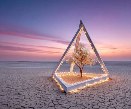 A tree illuminated by string lights inside a geometric frame in a vast desert at sunset.