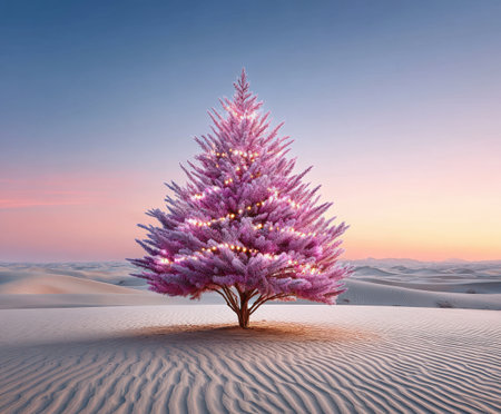 Magical pink Christmas tree glowing in a tranquil desert landscape at sunset.の写真素材