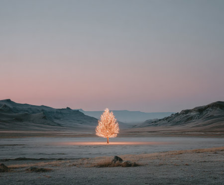 Illuminated tree in the serene desert landscape at dusk.の写真素材