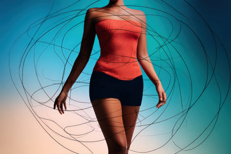 Elegant woman in red top and shorts with abstract lines against gradient background.の写真素材