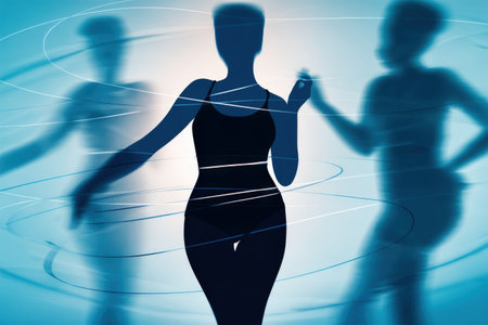 Dynamic silhouette of a woman with swirling lines for modern art and design inspiration.の写真素材