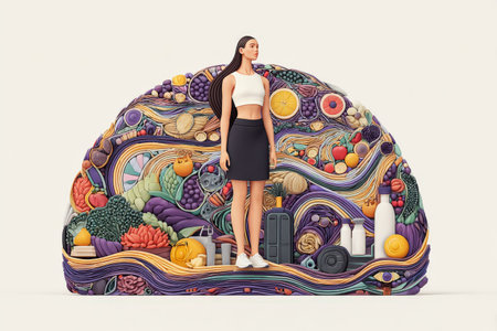 Fitness and wellness concept with woman surrounded by vibrant fruits and exercise equipment.の写真素材