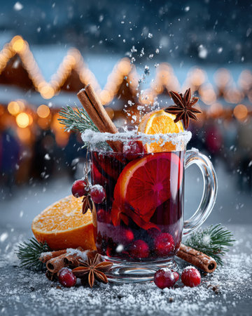 Festive winter mulled wine with orange slices and spices at a Christmas market.の写真素材
