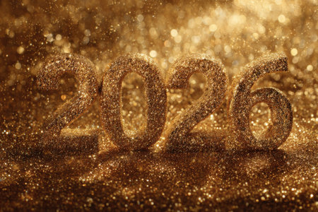 Golden glittering 2026 sign for new year's celebration and festive decoration.