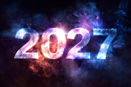 Cosmic 2027 new year celebration with vibrant galaxy theme.