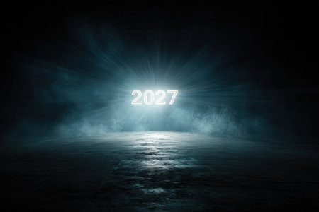 Futuristic glowing 2027 in dark smoky atmosphere with light rays.の写真素材