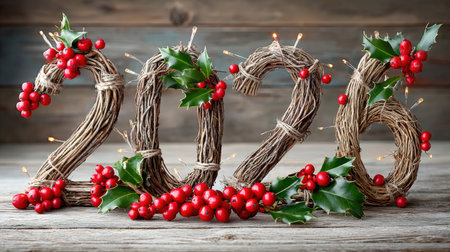 natural wreath holiday decor with holly berries and lights for new year 2026.の写真素材