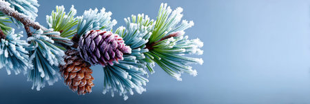 Frost covered pine branch and cones creating a serene winter scene for seasonal design.