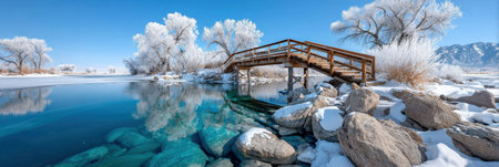 Tranquil winter landscape with a wooden bridge over a frozen river reflecting snowy trees and blue...