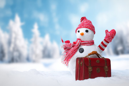 Winter snowman with red suitcase and scarf in snowy landscape on a sunny day.の写真素材