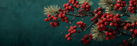 Decorative branch with festive red berries and pine needles on a textured background.の写真素材