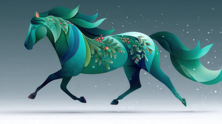 Artistic illustration of a horse with vibrant foliage design and dynamic movement.の写真素材