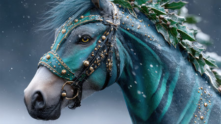 A majestic teal horse adorned with ornate decorations stands in a winter landscape with falling...