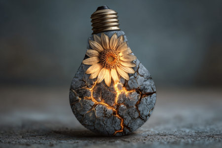 Creative concept of a dried sunflower emerging from a cracked light bulb on a textured surface.