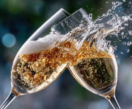 Champagne celebration with two glasses clinking and splashing bubbly liquid.の写真素材