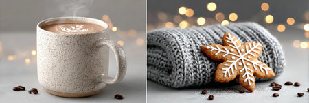 Cozy winter scene with hot chocolate and snowflake cookies on a warm blanket.の写真素材