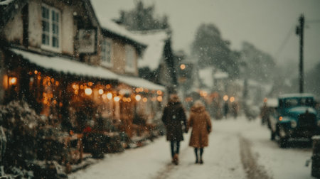 a couple walks through a snowy village street during a magical winter evening.