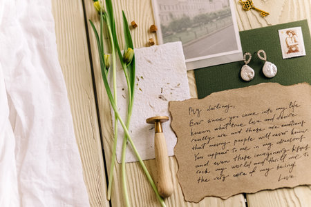 Vintage love letter with flowers, sealing wax, and earrings on wooden table.の写真素材