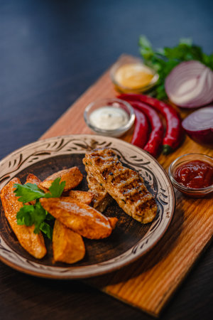 Grilled chicken with potato wedges and assorted condiments on wooden platter.の写真素材