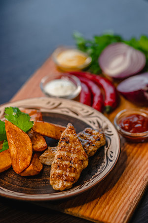 Grilled chicken with seasoned potato wedges and assorted sauces.の写真素材