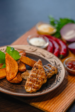 Grilled chicken and sweet potatoes dish with sauces and vegetables on wooden board.の写真素材
