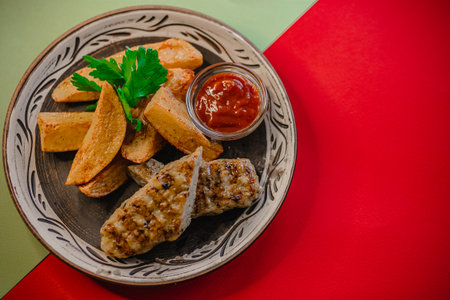 Plate of grilled chicken, potato wedges, and ketchup on patterned plate with red and green background.の写真素材