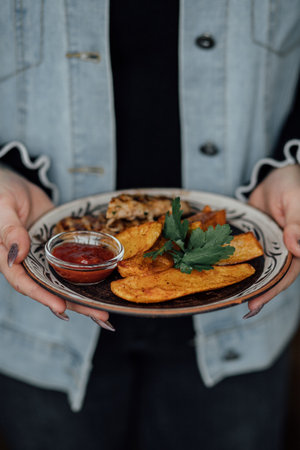 Female holding plate with grilled chicken and potatoes with sauce.の写真素材
