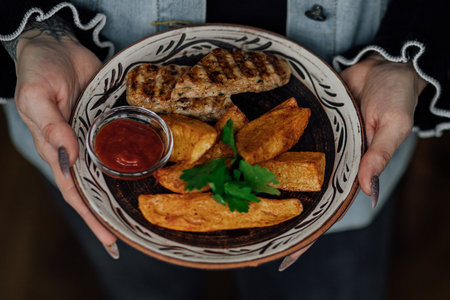 Grilled chicken with potato wedges and salsa held by female hands.の写真素材