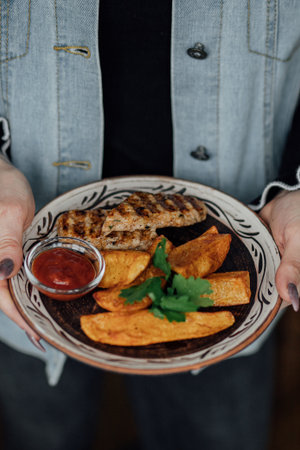 Grilled chicken with wedges and sauce held by person in denim jacket.の写真素材
