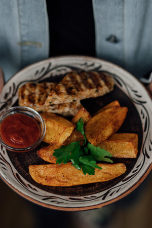 Grilled chicken with potato wedges and dipping sauce on ceramic plate.