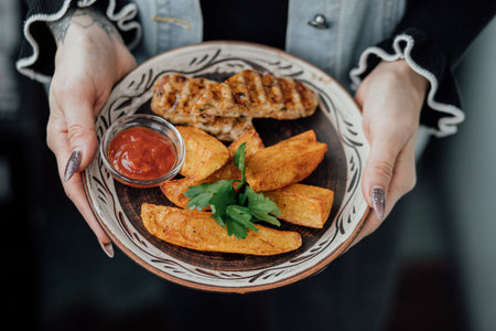 Delicious grilled chicken and potato wedges with fresh parsley and ketchup sauce.の写真素材