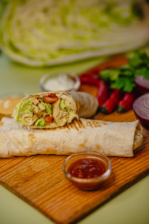 Delicious chicken wrap with fresh vegetables on wooden board.の写真素材