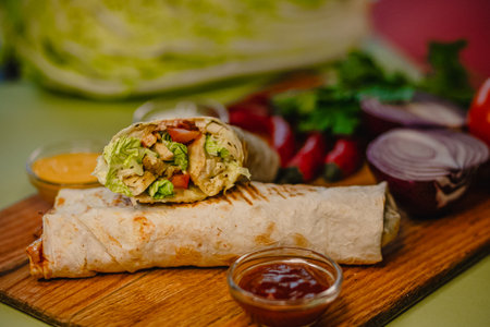 Delicious chicken wrap with fresh vegetables and sauces on wooden board.の写真素材