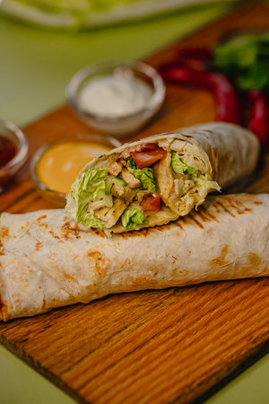 Delicious grilled chicken wrap with fresh vegetables and assorted sauces on wooden board.の写真素材