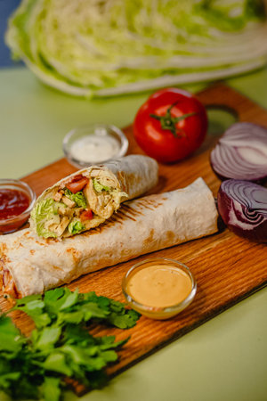 Delicious chicken wrap with fresh vegetables and sauces on wooden board.