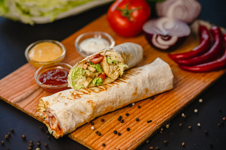 Delicious chicken wrap with vegetables and sauces on wooden board.の写真素材