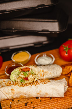 Delicious chicken wrap with fresh vegetables, sauce dips, and wedges on a wooden platter.の写真素材