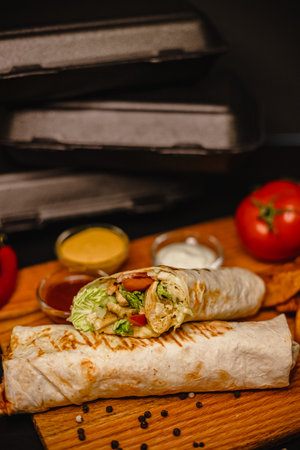 Delicious chicken wrap sandwich with fresh veggies and sauces on wooden board.の写真素材