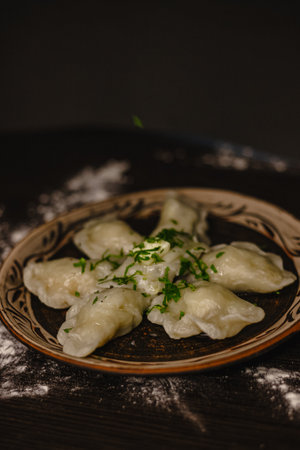 Traditional dumplings on ceramic plate with greens and sour cream topping.の写真素材