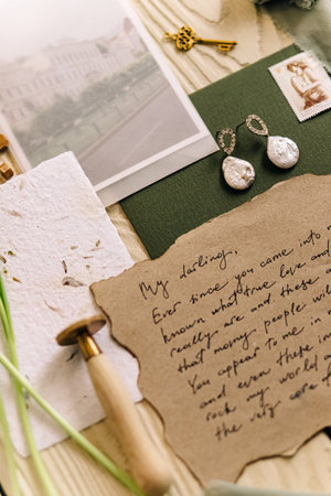 Romantic letter with earrings and vintage postcard on rustic table setting.の写真素材