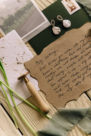 Romantic vintage letter with jewelry and photos on wooden table.の写真素材