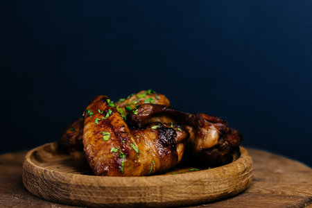Delicious grilled chicken wings garnished with fresh herbs on wooden plate.