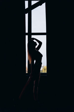 Silhouette of a woman posing gracefully in front of a large window.の写真素材